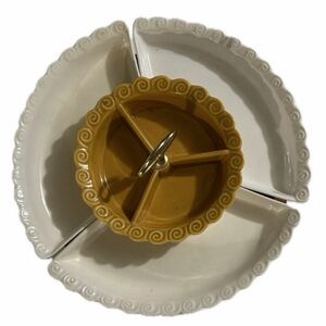 Vintage California Pottery 267 Amber & White Chip & Dip Snack Set on Lazy Susan